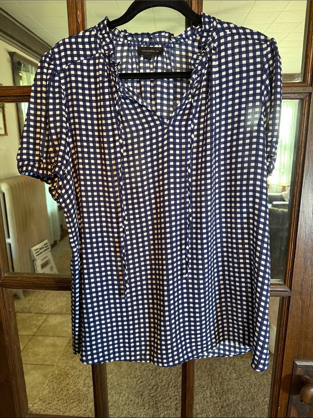 Tamara H. Womens 1X Navy Blue Gingham Chiffon Ruffle Tie Neck Puff Sleeve Blouse